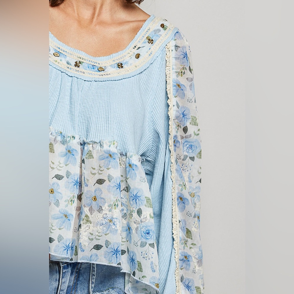 One Left!...POL Light Blue Floral Peasant Blouse - Picture 3 of 6